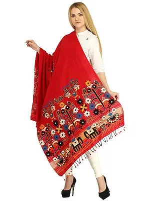 Cardinal-Red Shawl from Kutch with Embroidered Flowers and Mirrors