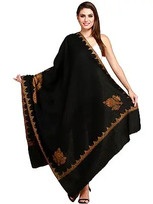 Jet-Black Tusha Kashmiri Shawl with Sozni-Embroidered Paisleys by Hand