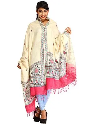 Almond-Oil Dupatta from Bengal with Printed Madhubani Motifs