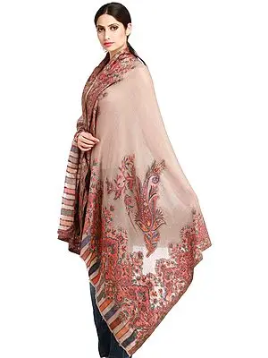 String-Gray Cashmere Kani Shawl with Woven Flowers