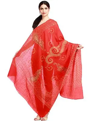 Flame-Scarlet Kashmiri Tusha Shawl with Sozni Hand-Embroidery
