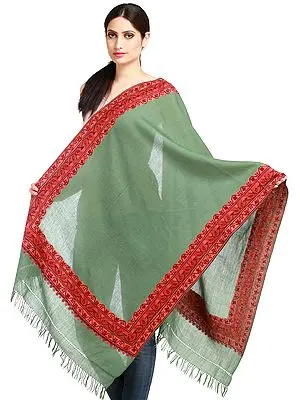 Green-Bay Stole from Kashmir with Aari Hand-Embroidery on Border