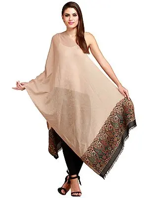 Light-Taupe Self-Weave Kani Stole from Amritsar with Woven Paisleys on Border