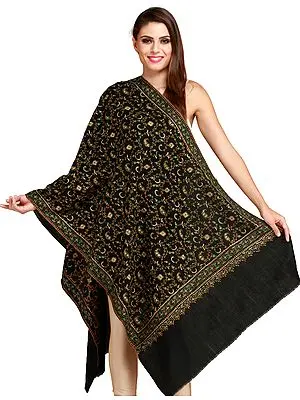 Phantom-Black Kashmiri Tusha Stole with Sozni Hand-Embroidery All-Over