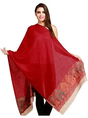 Scarlet-Red Amritsari Kani Stole with Woven Paisleys on Border