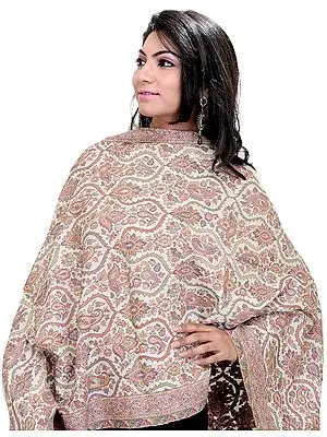 Off-White Kani Jamawar Stole with Woven Paisleys in Multicolor Thread