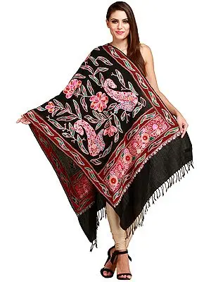 Caviar-Black Stole from Amritsar with Aari-Embroidery in Multicolor Thread