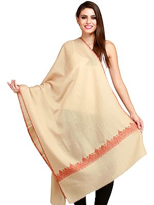 Oyster-White Plain Kashmiri Tusha Stole with Needle Hand-Embroidery on Border