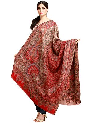 Lipstick-Red Kani Jamawar Shawl from Amritsar with Woven Paisleys