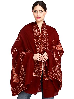 Chocolate-Truffle Kashmiri Tusha Shawl with Sozni Hand-Embroidered Paisleys