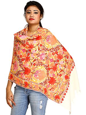 Ivory Stole from Kashmir with Aari Embroidered Flowers