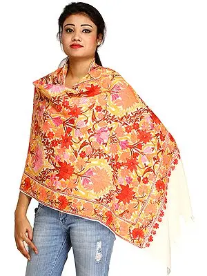 Ivory Stole from Kashmir with Aari Embroidered Flowers