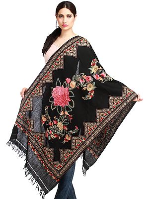 Phantom-Black Stole from Kashmir with Aari Floral Embroidery by Hand