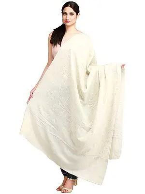 Ivory Tusha Shawl from Kashmir with Sozni Hand-Embroidery All-Over