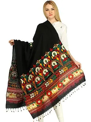 Shawl from Kutch with Embroidered Flowers and Mirrors by Hand