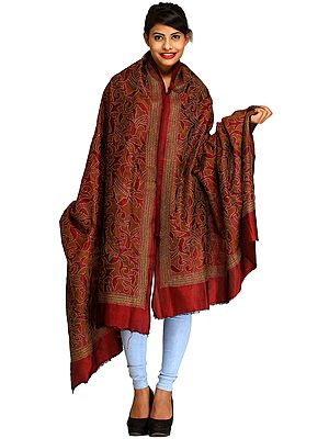 Ruby-Wine Kantha Embroidered Dupatta from Kolkata with Paisleys