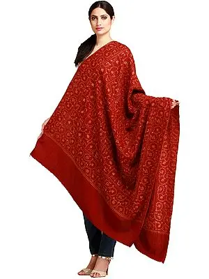 Maroon Kashmiri Tusha Shawl with Sozni Hand-Embroidery All-Over