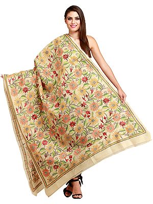 Almond-Oil Dupatta from Kolkata with Kantha Hand-Embroidered Sunflowers