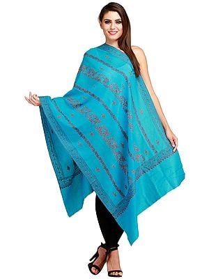 River-Blue Kashmiri Tusha Stole with Sozni Embroidery by Hand