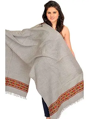 Plain Gray Stole from Kullu with Kinnauri Woven Border