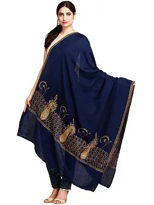 Medieval-blue Plain Kashmiri Tusha Shawl with Needle Hand-Embroidered Paisleys on Border