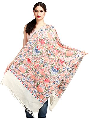 Cream Kashmiri Stole with Aari Embroidered Flowers All-Over