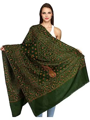 Dark-Green Kashmiri Tusha Shawl with Sozni-Embroidery by Hand
