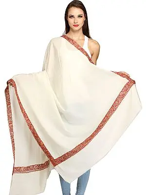 Ivory Plain Tusha Shawl from Kashmir with Sozni Hand-Embroidery on Border