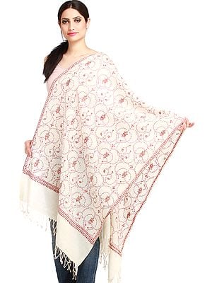 Ivory Kashmiri Tusha Stole with All-Over Needle Hand-Embroidery