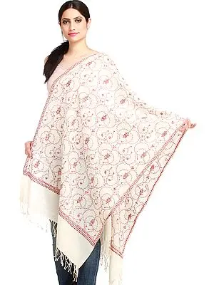 Ivory Kashmiri Tusha Stole with All-Over Needle Hand-Embroidery