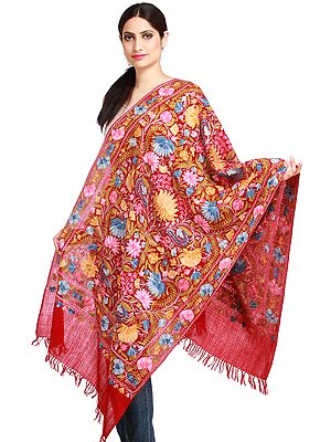 Rosewood-Red Kashmiri Stole with Aari-Embroidered Giant Flowers
