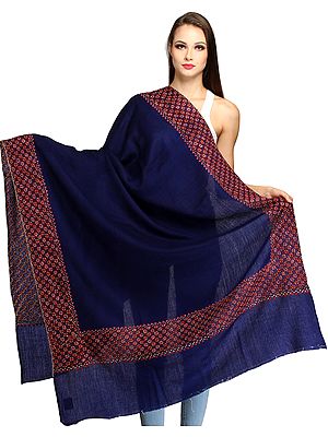 Twilight-Blue Plain Kashmiri Tusha Shawl with Needle Hand-Embroidered Wide Border