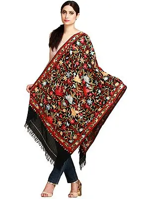Jet-Black Kashmiri Stole with Aari-Floral Embroidery by Hand
