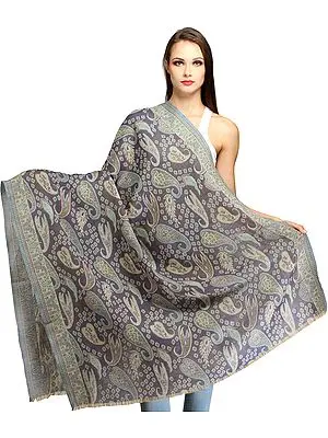 Folkstone-Gray Reversible Jamawar Shawl with Woven Paisleys All-Over