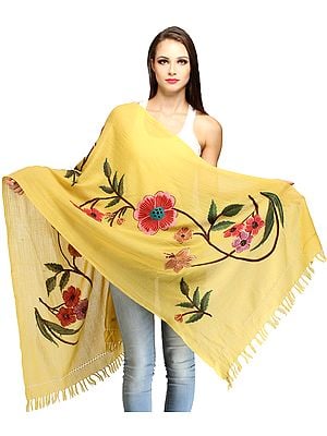 Kashmiri Stole with Aari Hand-Embroidered Flowers and Butterfly