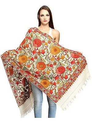 Ivory Kashmiri Stole with Aari Hand-Embroidered Sunflowers