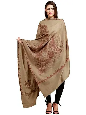 Plaza-Taupe Kashmiri Tusha Shawl with Needle Hand-Embroidered Paisleys