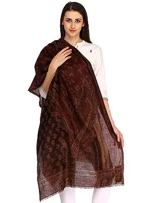 Red-Mahogany Reversible Pashmina Jamawar Stole with Floral Weave