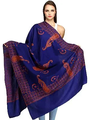 Clematis-Blue Kashmiri Tusha Shawl with Sozni Hand-Embroidered Paisleys