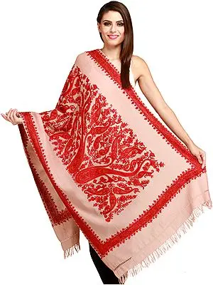 Smoke-Gray Kashmiri Stole with Aari-Embroidered Paisleys by Hand