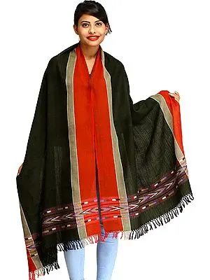 Dark-Green and Red Stole from Kullu with Woven Border