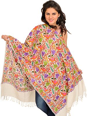 Ivory Stole from Kashmir with Aari Embroidered Maple Leaves