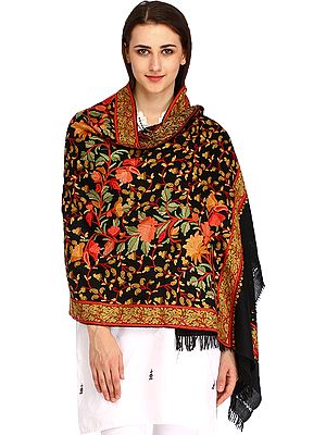 Jet-Black Kashmiri Stole with Aari Floral Embroidery by Hand