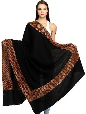 Jet-Black Kashmiri Tusha Shawl with Needle Hand-Embroidery on Border