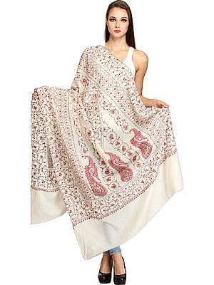 Ivory Tusha Shawl from Kashmir with Sozni Hand-Embroidery All-Over