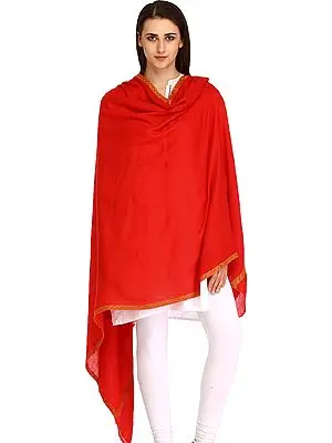 Tomato-Red Plain Kashmiri Pashmina Shawl with Needle Hand-Embroidery on Border