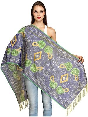 Tempest-Blue Handloom Stole with Ikat Woven Peacocks and Embroidered Beads