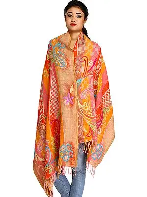 Multicolor Jamawar Stole from Amritsar with Embroidered Paisleys