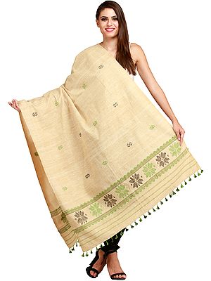 Almond-Oil Eri Silk Shawl from Assam with Woven Flowers and Bootis