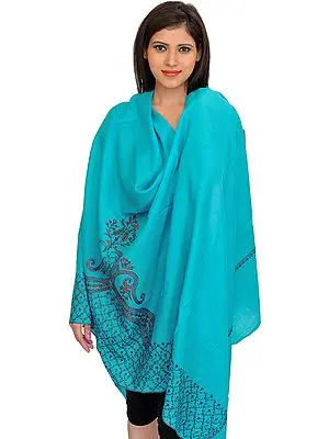 Blue-Atoll Kashmiri Tusha Shawl with Sozni Hand-Embroidery